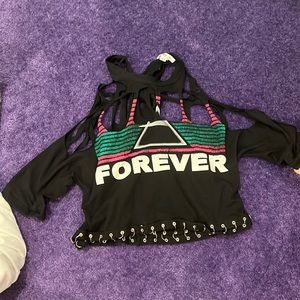 Black cutout neck T-shirt with tie at neck